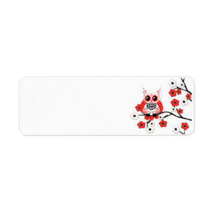 Red White Cherry Blossom Owl Label