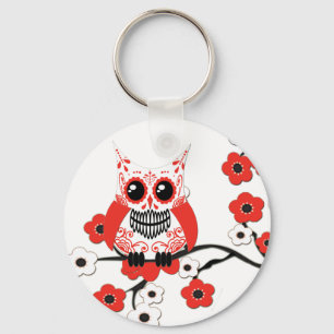 Red White Cherry Blossoms Owl Keychain