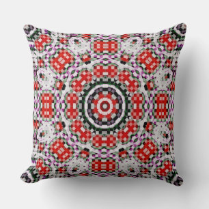 Red & white chess or pixel kaleidoscope circular   throw pillow