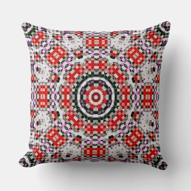 Red & white chess or pixel kaleidoscope circular   throw pillow (Front)