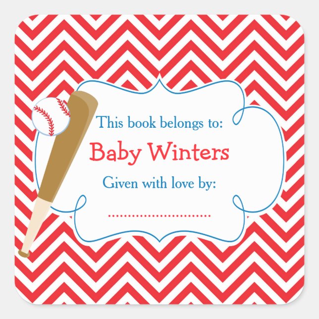 Red/White Chevron Baseball Baby Shower Bookplate Square Sticker (Front)