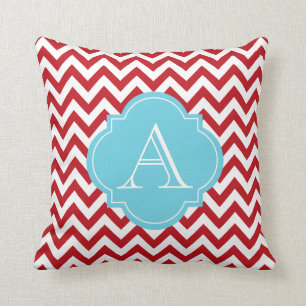 Red & White Chevron Stripes Blue Monogram Pillow