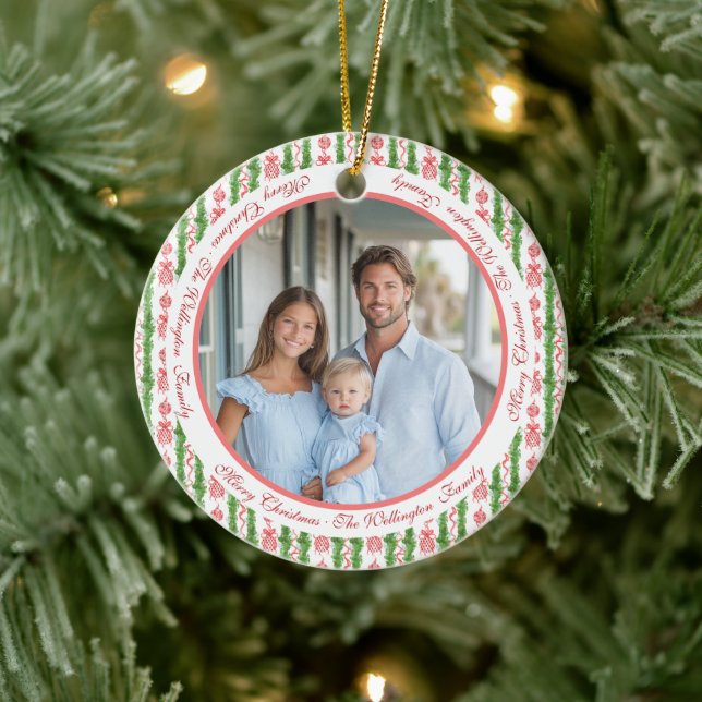 Red & White Chinoiserie Garland Grandmillennial Ceramic Ornament (Tree)