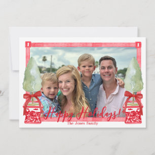 Red & White Chinoiserie Topiary  Holiday Card