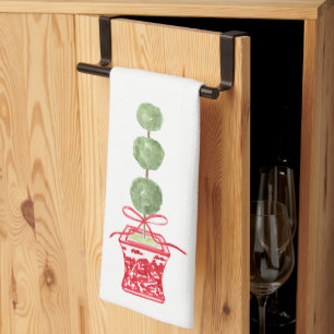 Red & White Chinoiserie Topiary Holiday Kitchen Towel