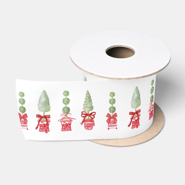 Red & White Chinoiserie Topiary  Satin Ribbon (Spool)