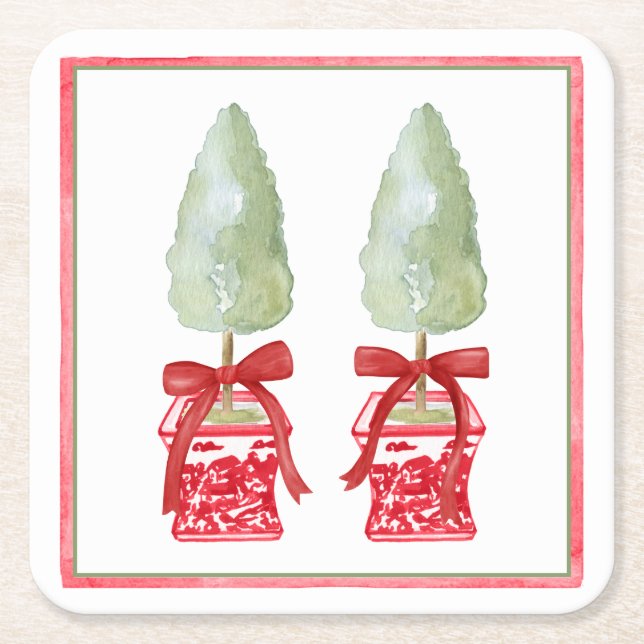 Red & White Chinoiserie Topiary Square Paper Coaster (Front)