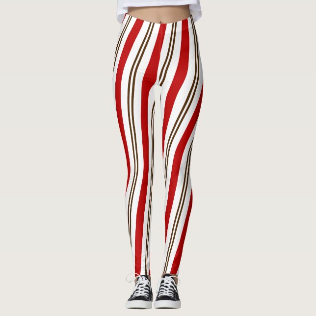 Red White & Chocolate Candy Cane Stripes Christmas Leggings (Front)