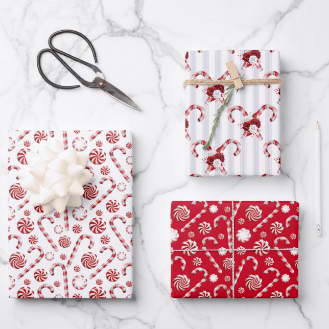Red White Christmas Candy Canes Holiday Wrapping Paper Sheet (Front)