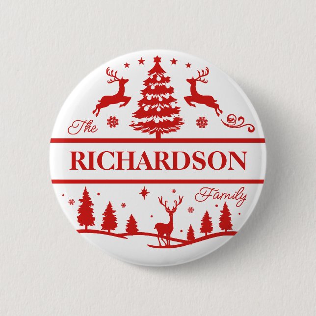 Red White Christmas Family Name Personalized Name 2 Inch Round Button (Front)