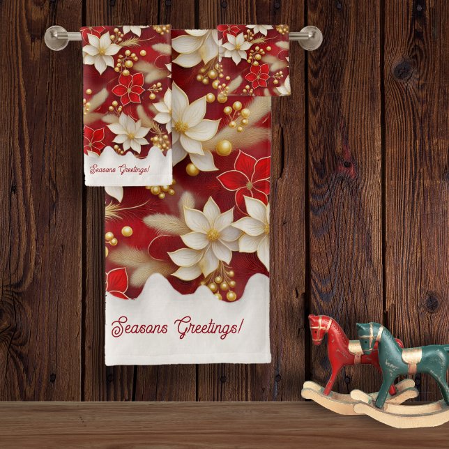 Red White Christmas Floral Pattern#17 ID1009 Bath Towel Set (Creator Uploaded)