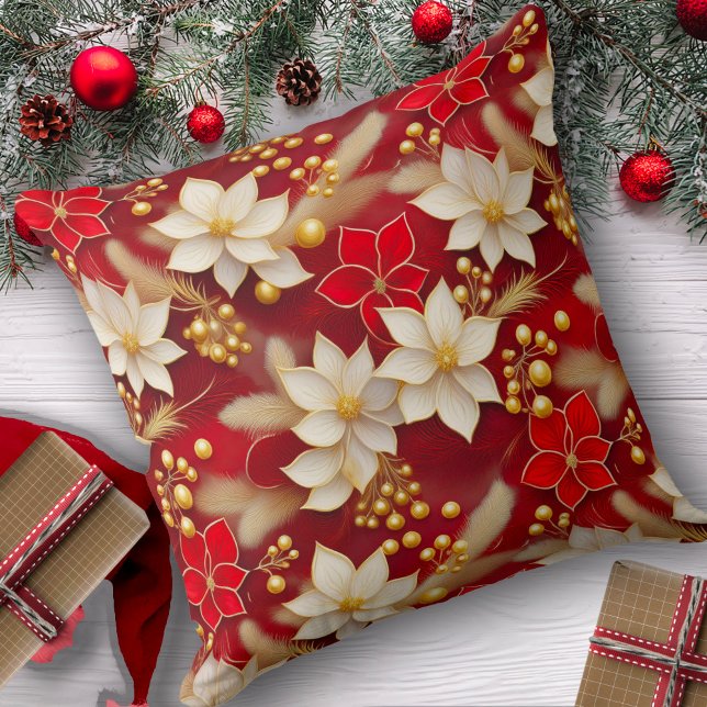 Red White Christmas Floral Pattern#17 ID1009 Throw Pillow (Creator Uploaded)