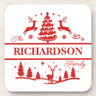 Red White Christmas Personalized Family Name Coaster