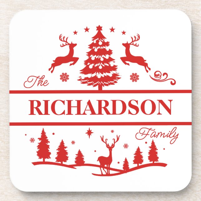 Red White Christmas Personalized Family Name Coaster (Front)