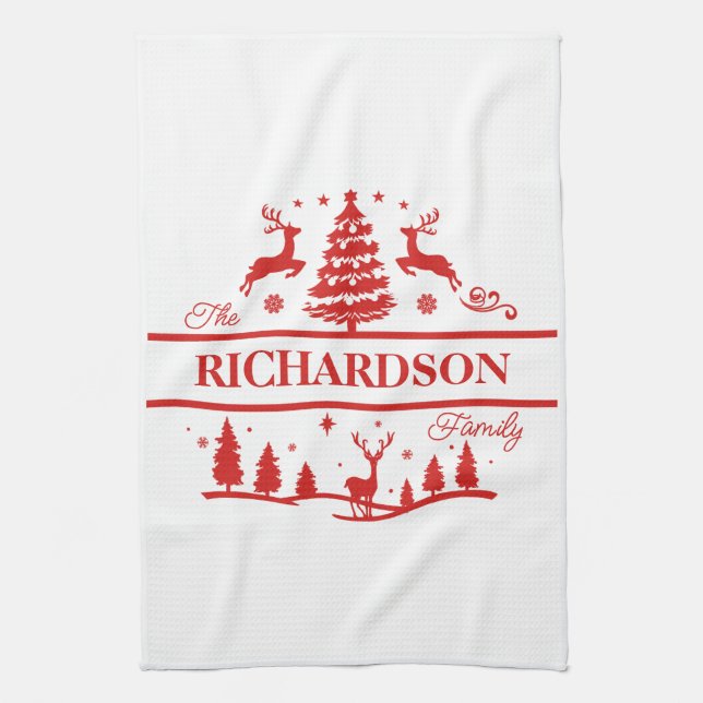 Red White Christmas Personalized Family Name Kitchen Towel (Vertical)