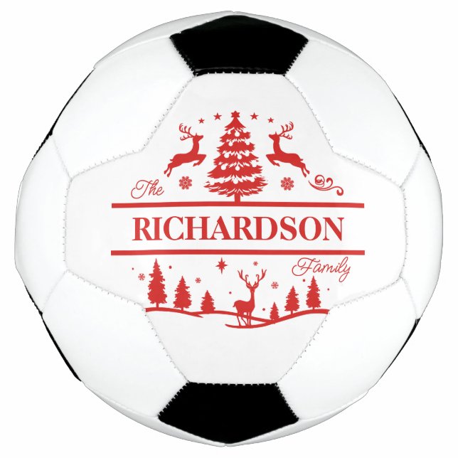 Red white Christmas Personalized Family Name Soccer Ball (Front)