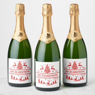 Red White Christmas Personalized Family Name Sparkling Wine Label