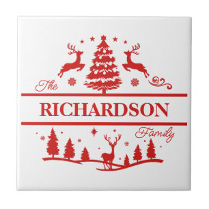Red White Christmas Personalized Family Name Tile