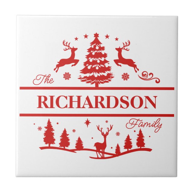Red White Christmas Personalized Family Name Tile (Front)