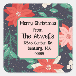 Red & White Christmas Poinsettias Return Address Square Sticker