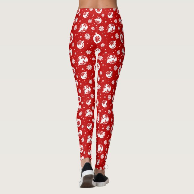 Red & White Christmas Snowflake on Bubbles Pattern Leggings (Back)