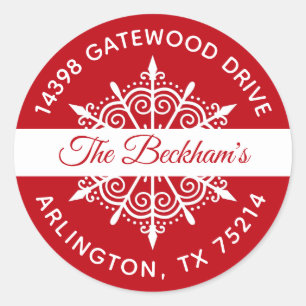 Red White Christmas Snowflake Return Address Classic Round Sticker
