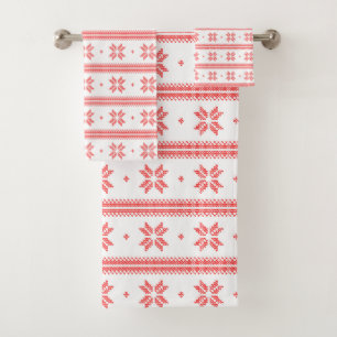 Red & White Christmas Stars Knitted Pattern Bath Towel Set