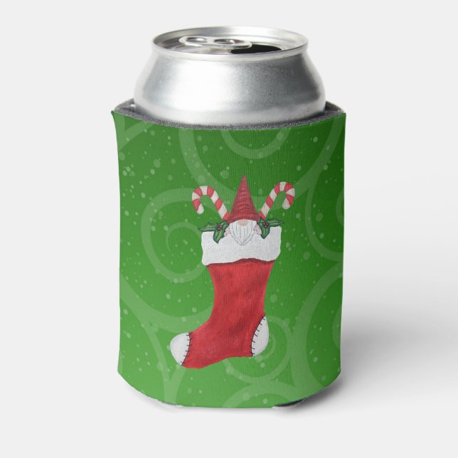 Red White Christmas Stocking Gnome Holly Green Can Cooler (Can Back)