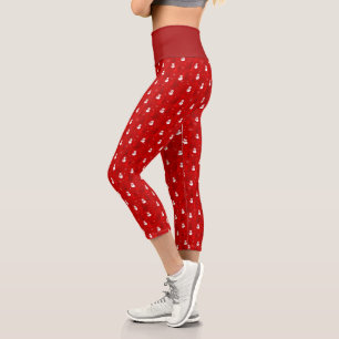 Red & White Christmas Tree and Snowman Pattern Capri Leggings