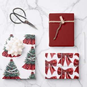 Red White Christmas Tree & Bows Wrapping Paper Sheet
