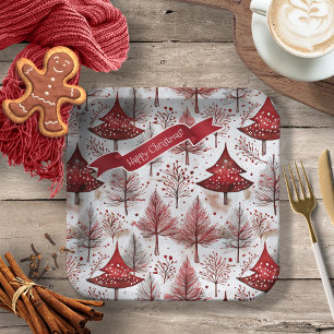 Red White Christmas Tree Pattern#4 ID1009 Paper Plate