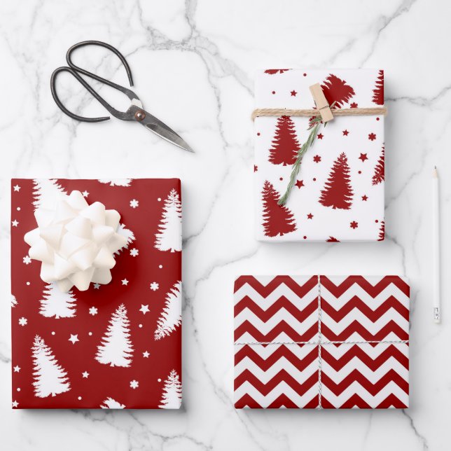 Red White Christmas Trees Chevron Holiday Wrapping Paper Sheet (Front)