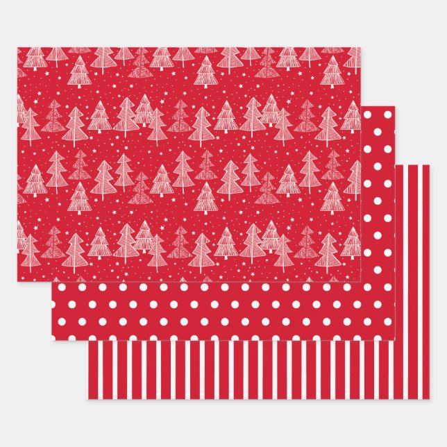 Red White Christmas Trees Polka Dots Stripe Wrapping Paper Sheet (Set)