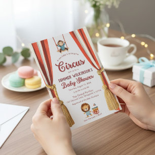 Red White Circus Curtains Baby Shower   QR rsvp  Invitation