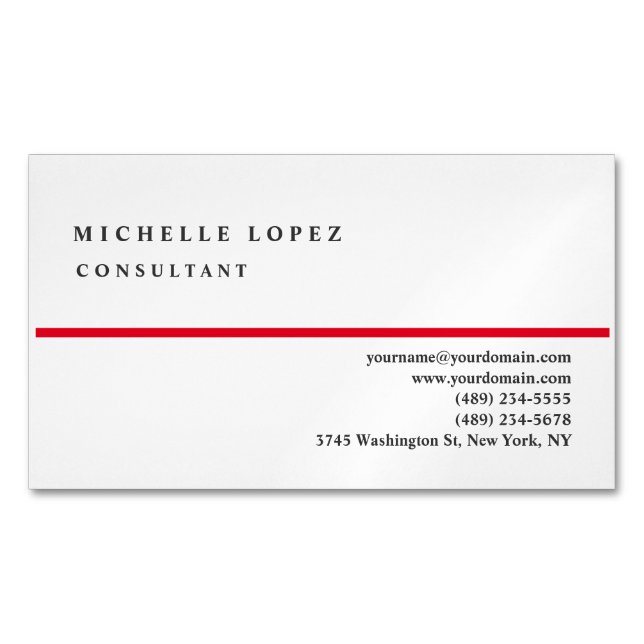 Red White Classical Elegant Plain Professional Magnetic Business Card (Front)