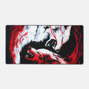 Red White Cosmic Wolf Warrior Desk Mat