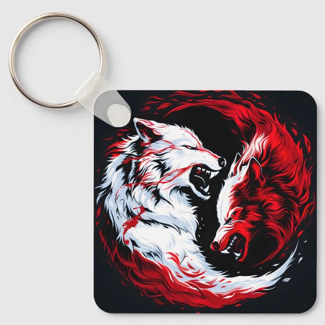 Red White Cosmic Wolf Warrior Keychain (Front)