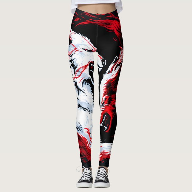 Red White Cosmic Wolf Warrior Leggings (Front)