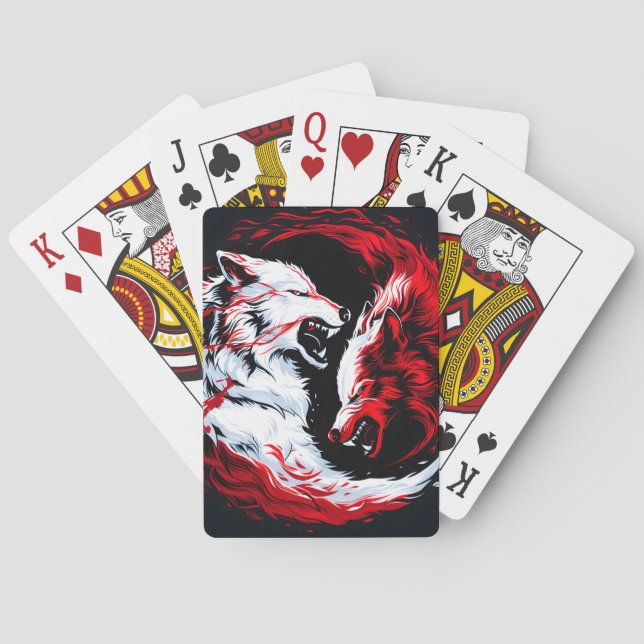 Red White Cosmic Wolf Warrior Playing Cards (Back)
