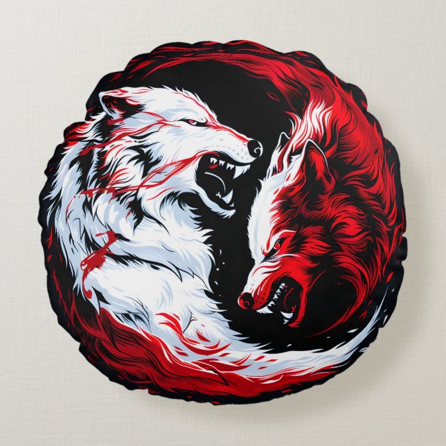 Red White Cosmic Wolf Warrior Round Pillow (Front)