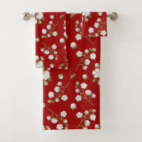 Red & White Cotton Boll Stem Watercolour Pattern