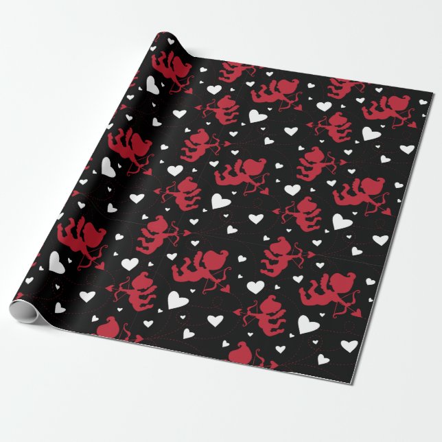 Red & White Cupid Pattern Valentine Wrapping Paper (Unrolled)