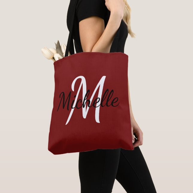 Red & White Custom Monogram Tote Bag (Close Up)