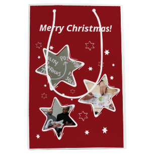 Red & White Custom Photo Stars Christmas Medium Gift Bag