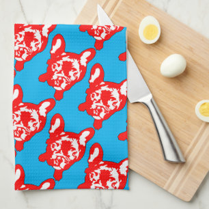 Red White cute French Bulldog Kitchen Towel
