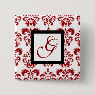 RED WHITE DAMASK BLACK SQUARE MONOGRAM 2 INCH SQUARE BUTTON