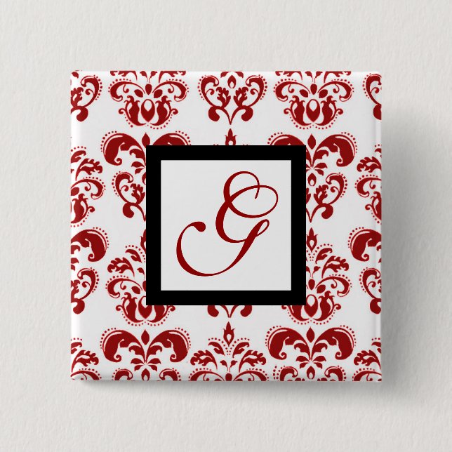 RED WHITE DAMASK BLACK SQUARE MONOGRAM 2 INCH SQUARE BUTTON (Front)