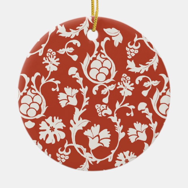 Red & White Damask Floral Ceramic Ornament (Front)