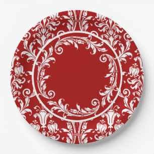 Red White Damask Floral Swirls Personalize Paper Plate