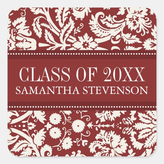 Red White Damask Graduation Custom Year Name Square Sticker (Front)
